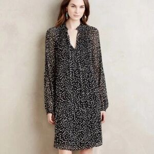 Anthropologie Meadow Rue Sz XS Knee Length Pleated Black Dress Long Sleeve Lined